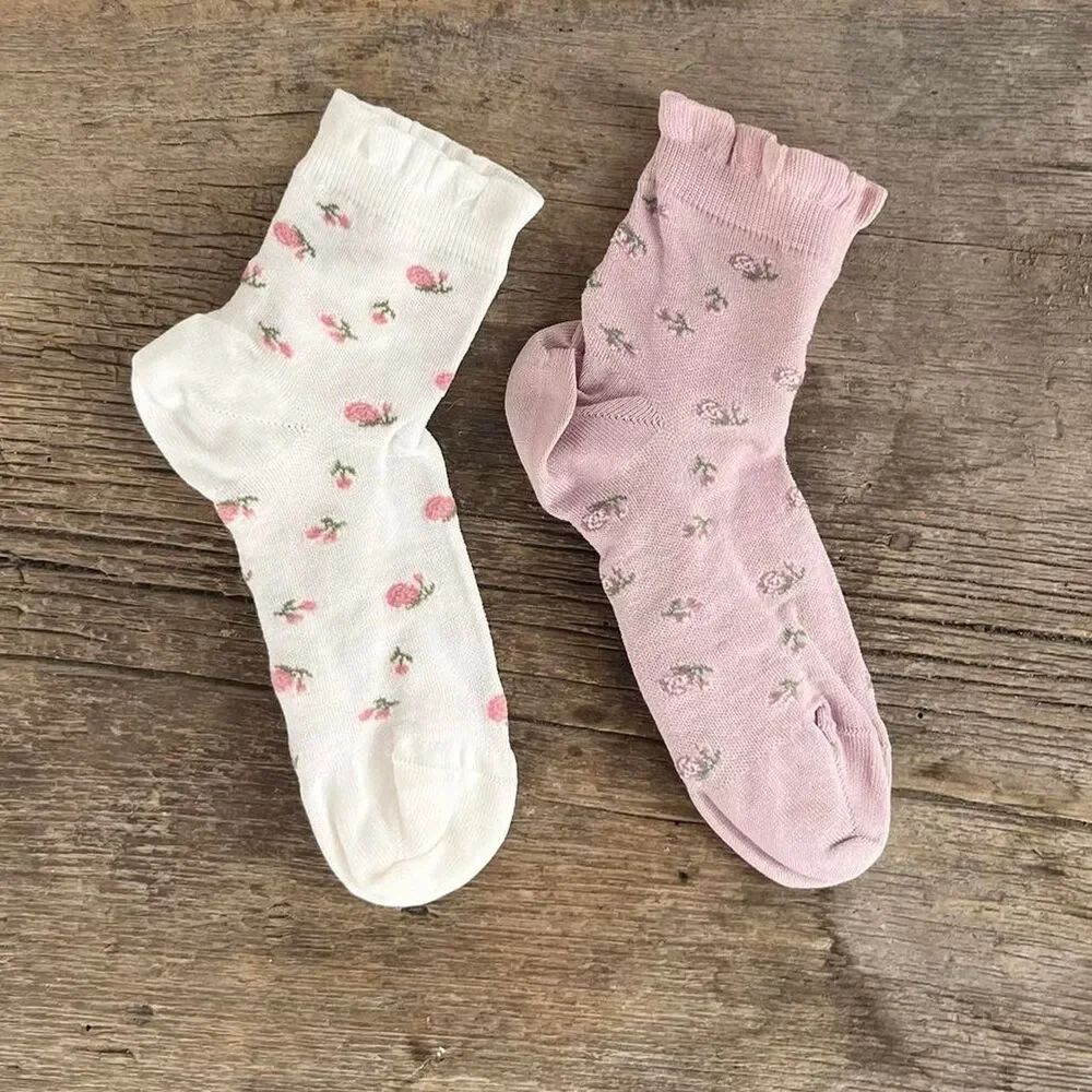 Cute Calzedonia Floral Rosette Cotton Ruffle Socks - White or Pink - Womens